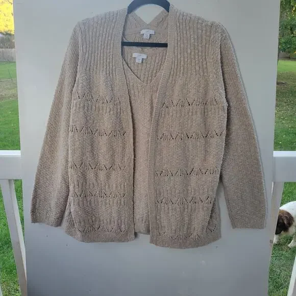 Jill Sweater Cardigan Cream Open front chunky Matching Sweater Tank SZ L